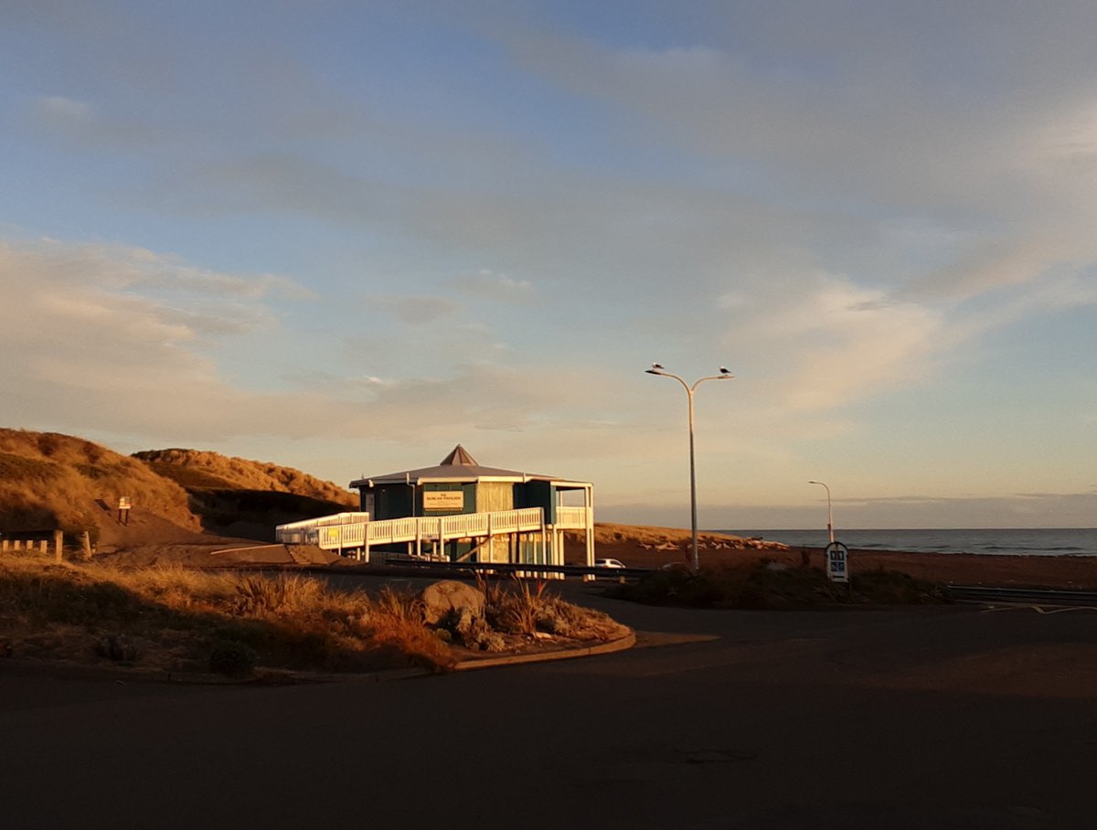 Non_Gardener's tweet photo. Six hours ago, with the sun setting on #WorldOceanDay... two seagulls keeping an eye on the Duncan Pavillion on the #beach at CastlecIiff near #Whanganui. https://t.co/V7QcV5UeUs