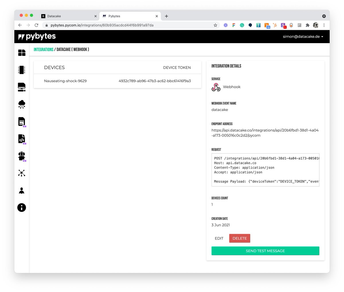datacake's tweet image. It takes about 15 min to connect a fresh @pycomIOT module to #Datacake via #PyBytes. Thanks to payload decoder for #HTTP and our #webhook integration PyBytes can be connected directly to Datacake. Read more here: bit.ly/3g2Klgg