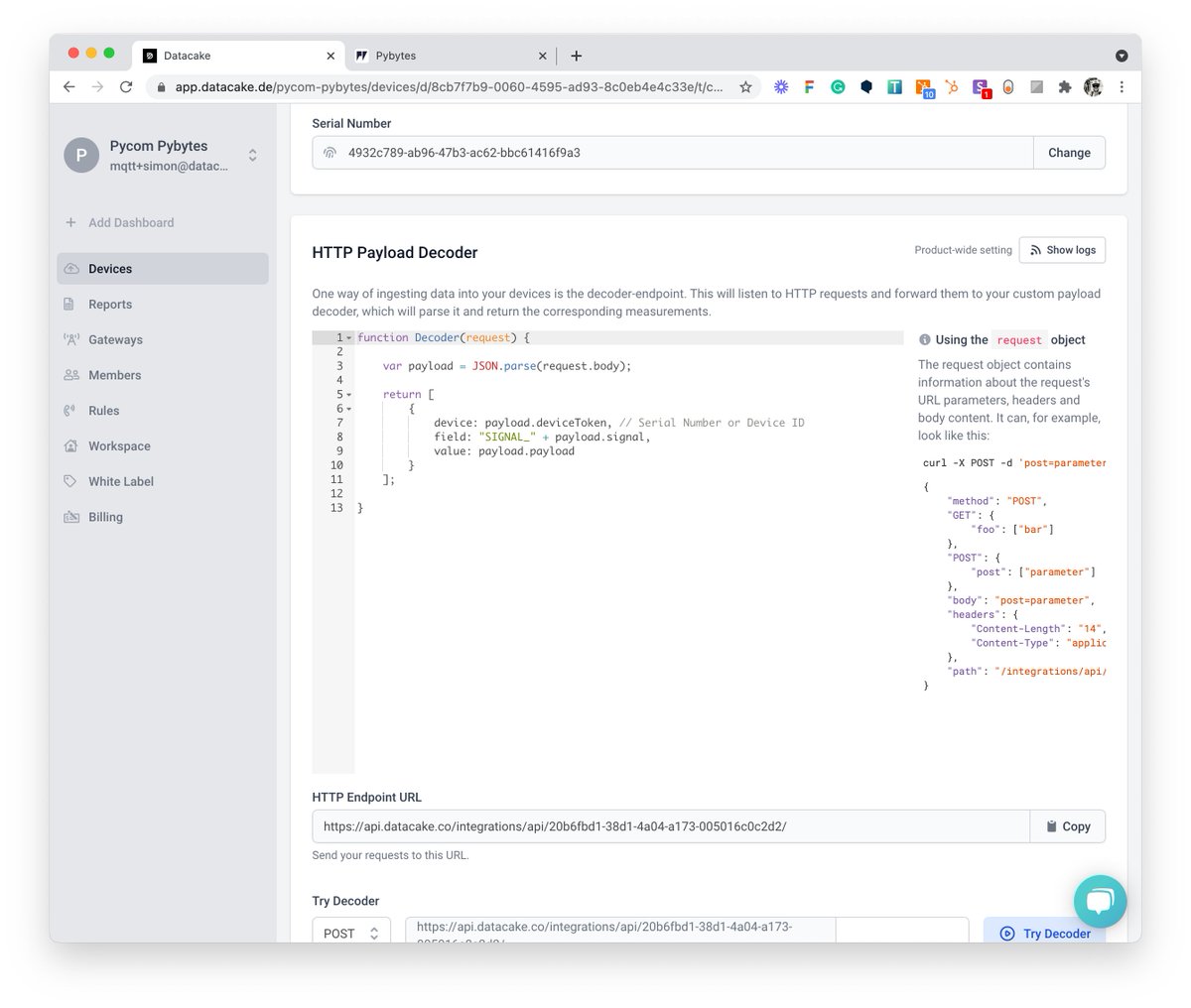 datacake's tweet image. It takes about 15 min to connect a fresh @pycomIOT module to #Datacake via #PyBytes. Thanks to payload decoder for #HTTP and our #webhook integration PyBytes can be connected directly to Datacake. Read more here: bit.ly/3g2Klgg