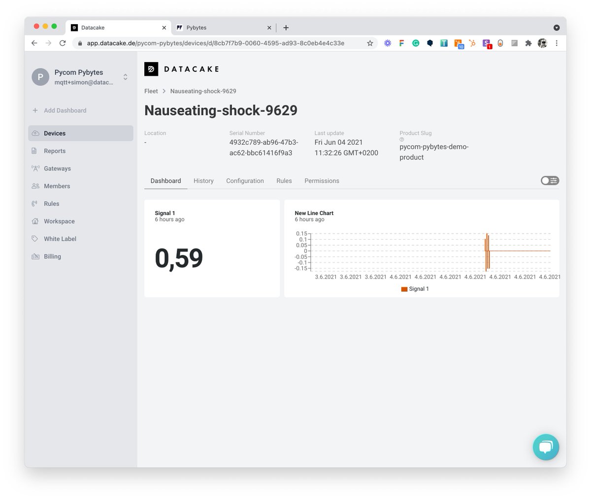 datacake's tweet image. It takes about 15 min to connect a fresh @pycomIOT module to #Datacake via #PyBytes. Thanks to payload decoder for #HTTP and our #webhook integration PyBytes can be connected directly to Datacake. Read more here: bit.ly/3g2Klgg