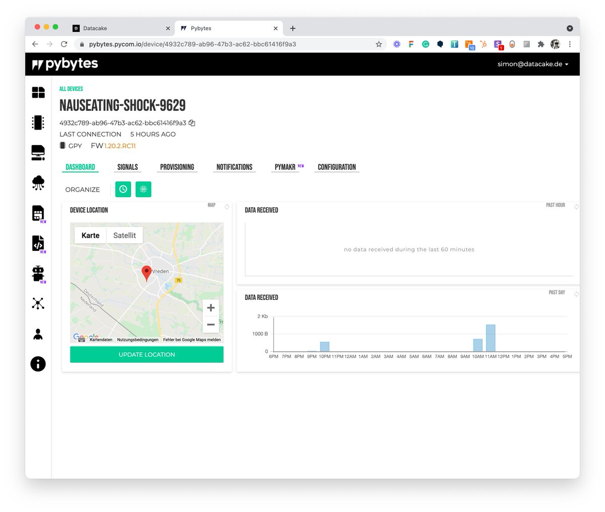 datacake's tweet image. It takes about 15 min to connect a fresh @pycomIOT module to #Datacake via #PyBytes. Thanks to payload decoder for #HTTP and our #webhook integration PyBytes can be connected directly to Datacake. Read more here: bit.ly/3g2Klgg