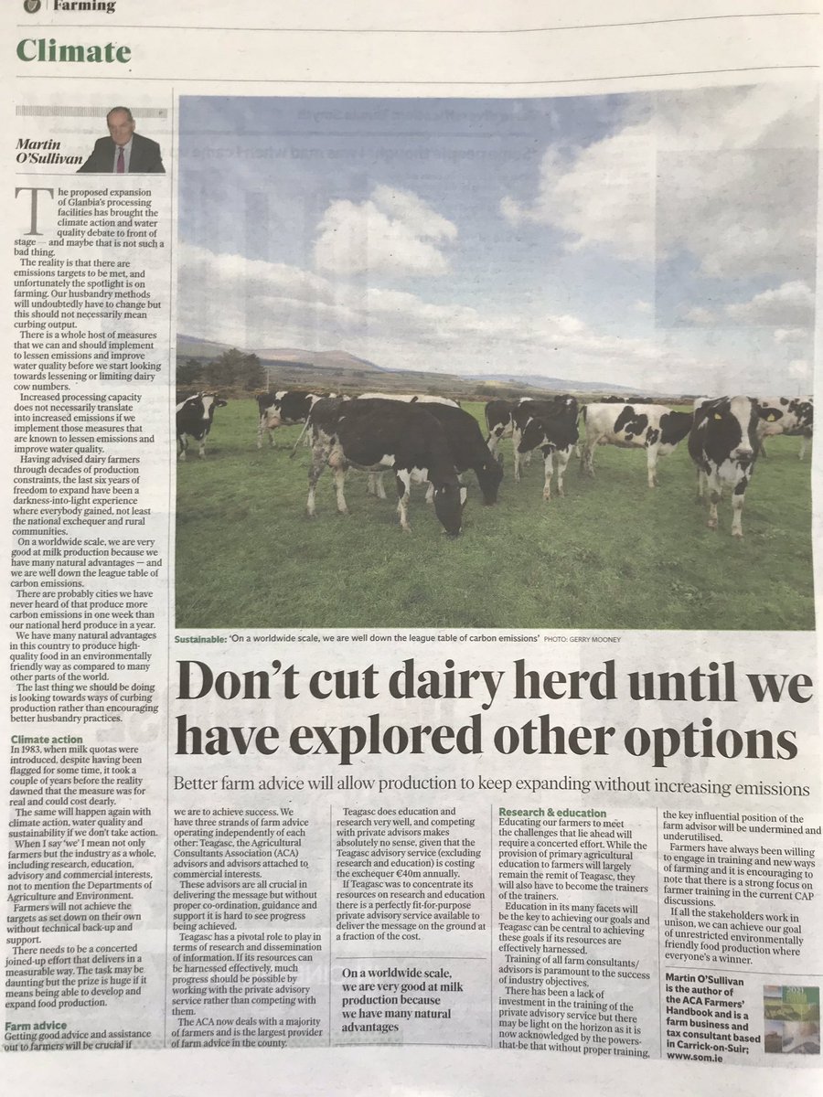 aca_services's tweet photo. Excellent article by Martin O’Sullivan in @farming_indo today. @Teagasc to concentrate on research&amp;education &amp; the private advisory service to lead with advice dissemination - huge savings for the sector and ultimately farmers. Teagasc expertise in research must be the key focus https://t.co/dLEBCqj3D4