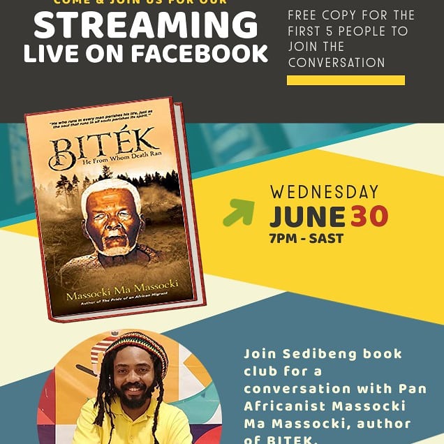 Massocki's tweet photo. I will be in conversation with Sedibeng Book Club, to discuss my upcoming book ‘ BITÉK, He From Whom Death Ran’ to be released on September 1.

Join our live streaming conversation on Sedibeng Book Club Facebook page on June 30, at 7pm Johannesburg time. https://t.co/ei2cijvdG0