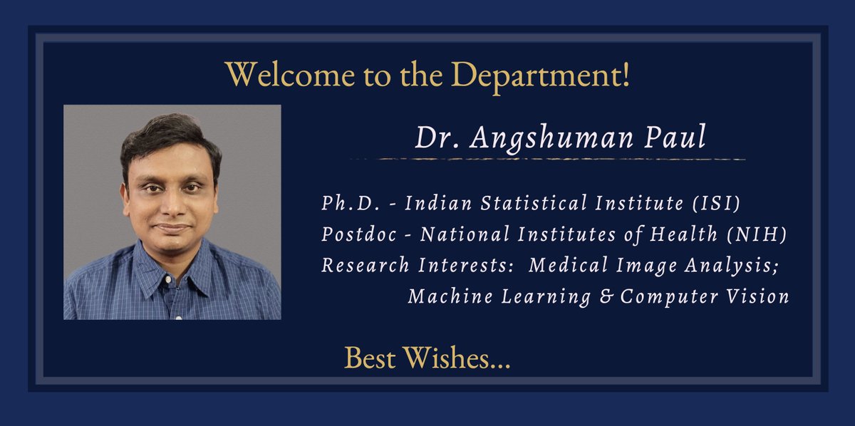 CSEIITJ1's tweet image. The Dept. of Computer Science & Engineering (@CSEIITJ1), IIT Jodhpur (@IITJ_Official) welcomes Dr. Angshuman Paul!
Here's looking forward to many years of happy association and great work...
#NewBeginnings #cseiitjodhpur #cseiitj #iitjodhpur