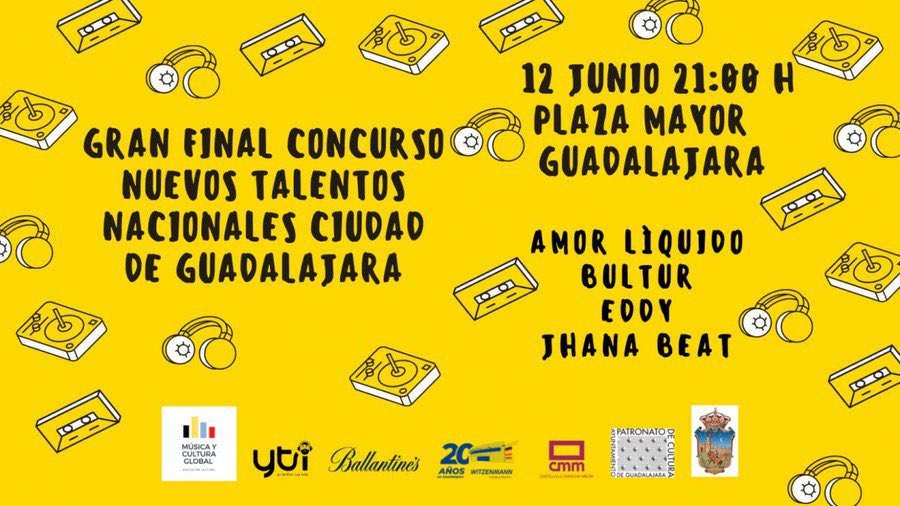 BulturMusic's tweet photo. Este sábado estaremos tocando en la gran final del Concurso de Nuevos Talentos ‘Ciudad de Guadalajara’, organizado por @yotambiensoyind, @GuadalajaraAyto, @CMM_es, @Ballantines_ES y @WitzenmannGroup. 

Junto a @amorliquidx, Jhana Beat y @mediceneddy_ . ¡Nos vemos en el escenario! https://t.co/pwhtueuVOl