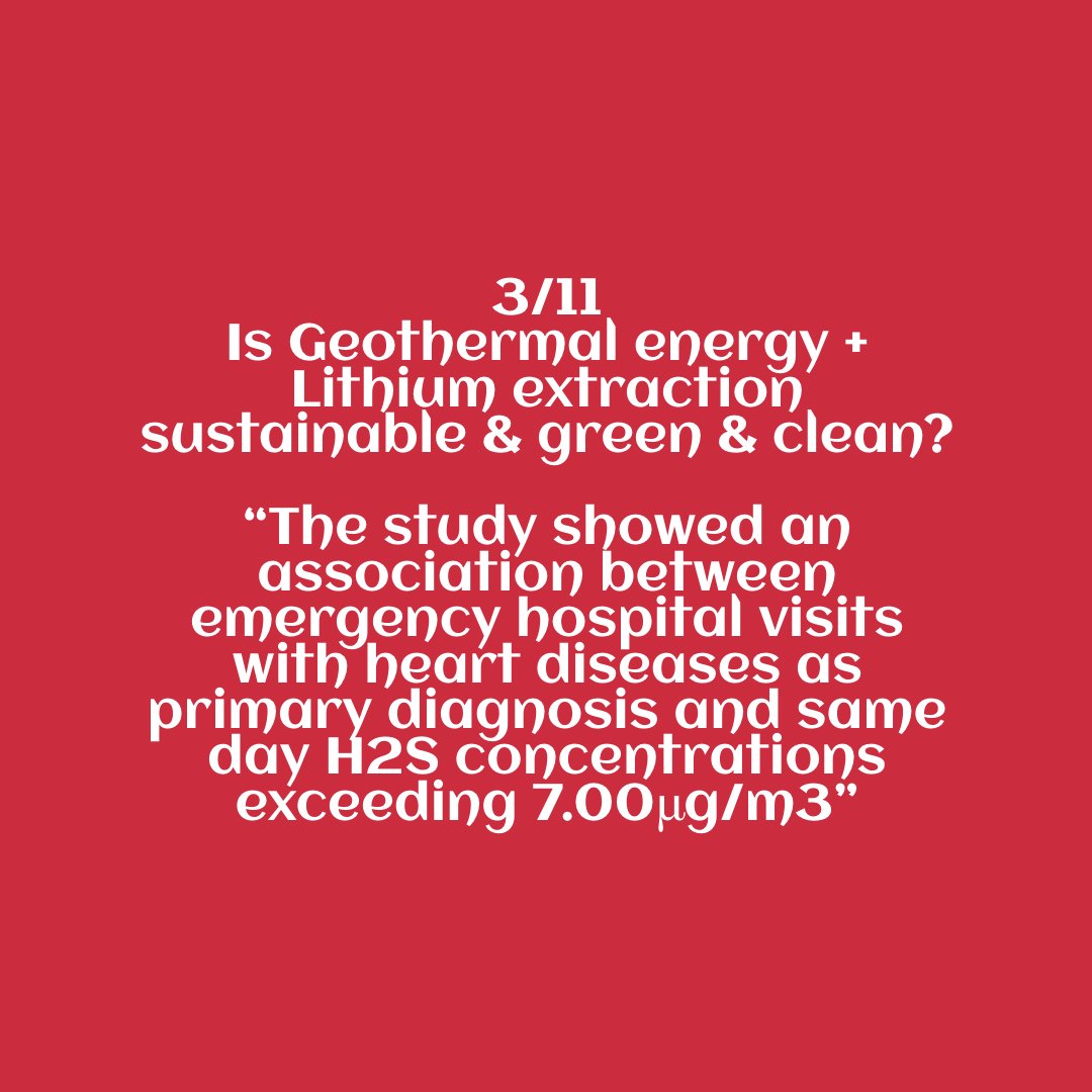 3/11Is Geothermal energy + Lithium extraction sustainable & green & clean?“The study showed an association between emergency hospital visits with heart diseases as primary diagnosis and same day H2S concentrations exceeding 7.00μg/m3”