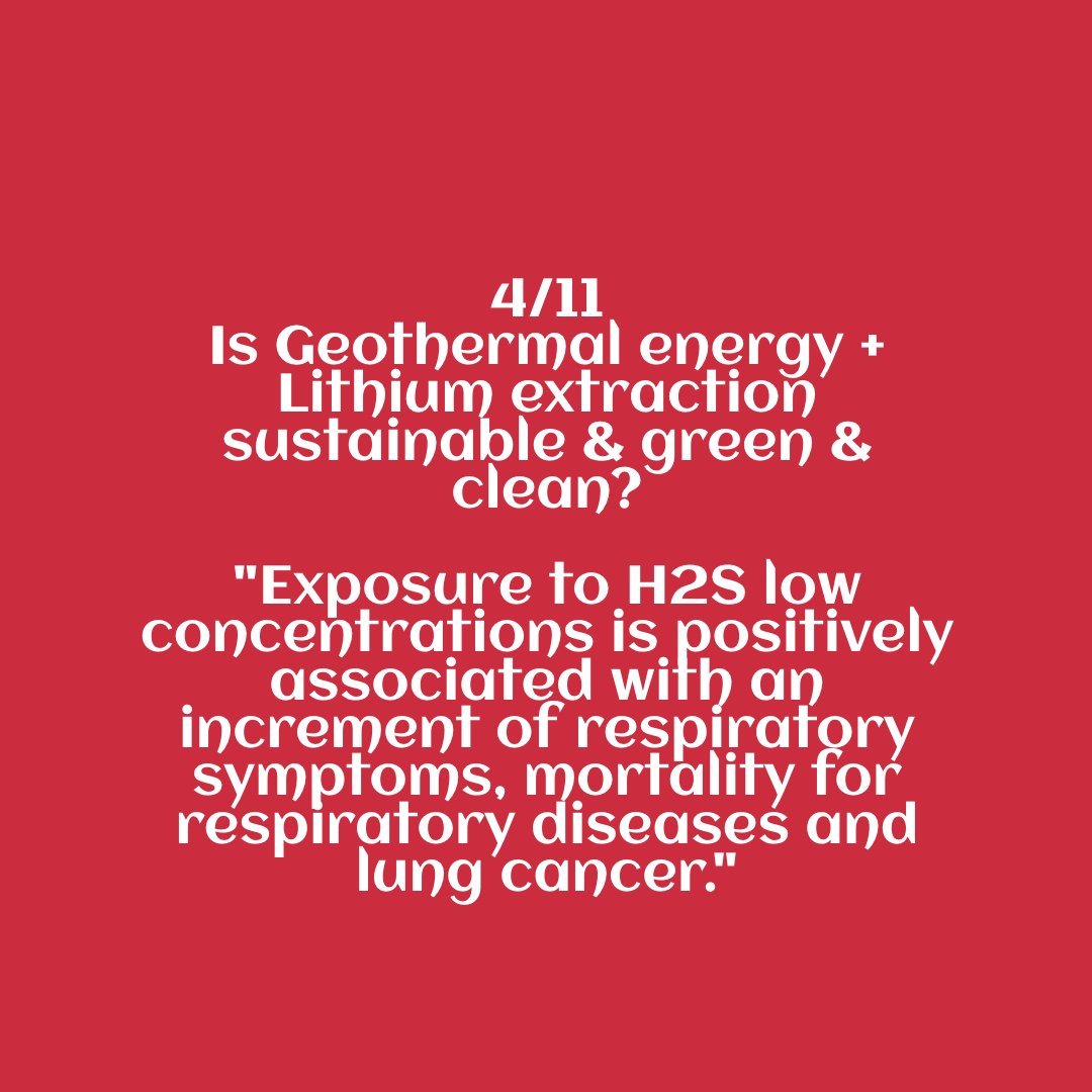 4//11Is Geothermal energy + Lithium extraction sustainable & green & clean?"Exposure to H2S low concentrations is positively associated with an increment of respiratory symptoms, mortality for respiratory diseases and lung cancer."