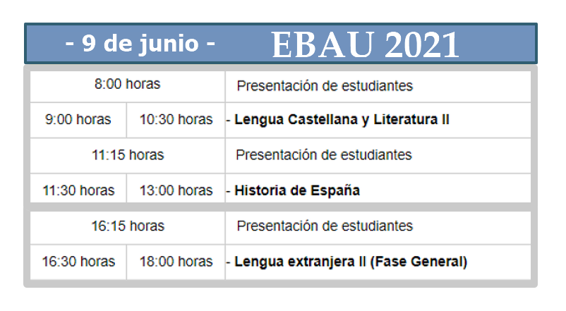 educacyl's tweet photo. 🎓 #EBAU2021:  Si mañana, 9 de junio,  te presentas a la #EBAUCYL, recuerda el horario de las pruebas. ⌛ 

🏃‍♂️ 🏃‍♀️ ¡¡Acude con antelación!!

#Bachillerato #Universidad 

@UBUEstudiantes @unileon @usal @UVa_es @JCyLUniversidad

👉 https://t.co/3FZyfA6xem https://t.co/y86TldgoKN