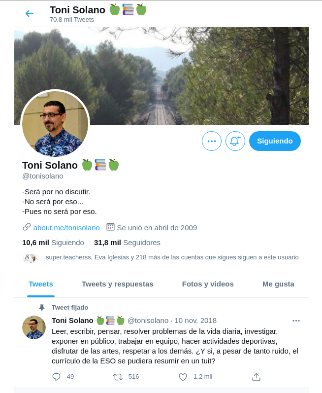 Hoy os recomendamos otra cuenta de profesores en Twitter.

Se trata de <a href="/tonisolano/">Toni Solano 🍏📚🍏</a>  , publica opiniones muy interesante sobre la educación.

#FelizMiercoles