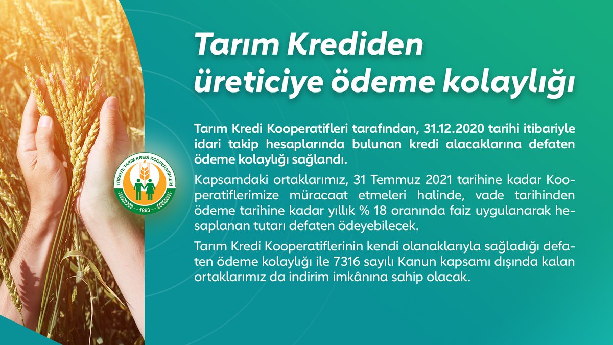 Tarım Kredi Kooperatifleri tarafından, 31.12.2020 tarihi itibariyle idari takip hesaplarında bulunan kredi alacaklarına defaten ödeme kolaylığı sağlandı. #ÇiftçimizİçinVarız

tarimkredi.org.tr/gundem/haberle…