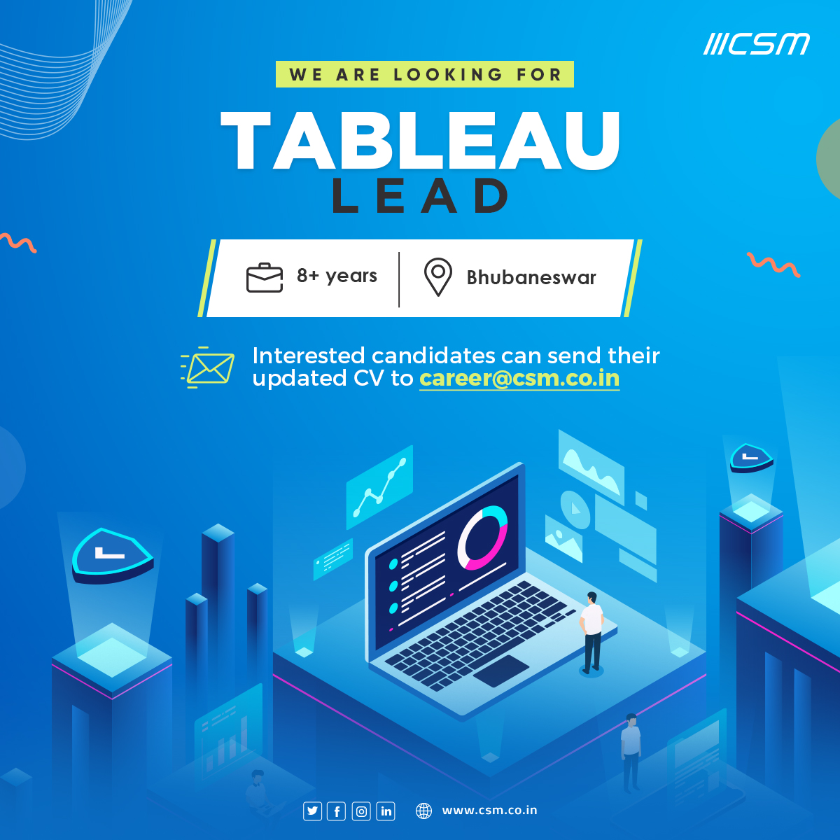 CSMTechnologies's tweet photo. Are you someone who gets excited about leading a team of Tableau enthusiasts? We’re looking for you.
Apply here: https://t.co/CuuektJ8tP
#tableaulead #hiringnow #csmer https://t.co/QtrTKydoJZ