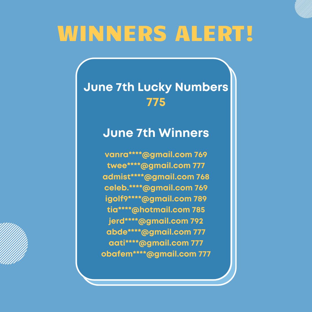 June 7th Winner List is here👇
Enter your Lucky numbers to win: bit.ly/3wbLrgV