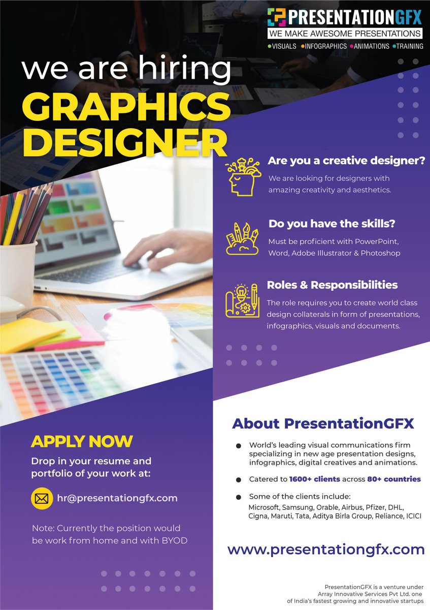 PresentationGFX's tweet image. PresentationGFX is #hiring creative graphic designers. Please refer/share with anyone who might be interested.

Interested candidates can drop in their resumes along with their portfolio at hr@presentationgfx.com.

#graphicdesigner #career #jobs #openings #vacancy #designjobs