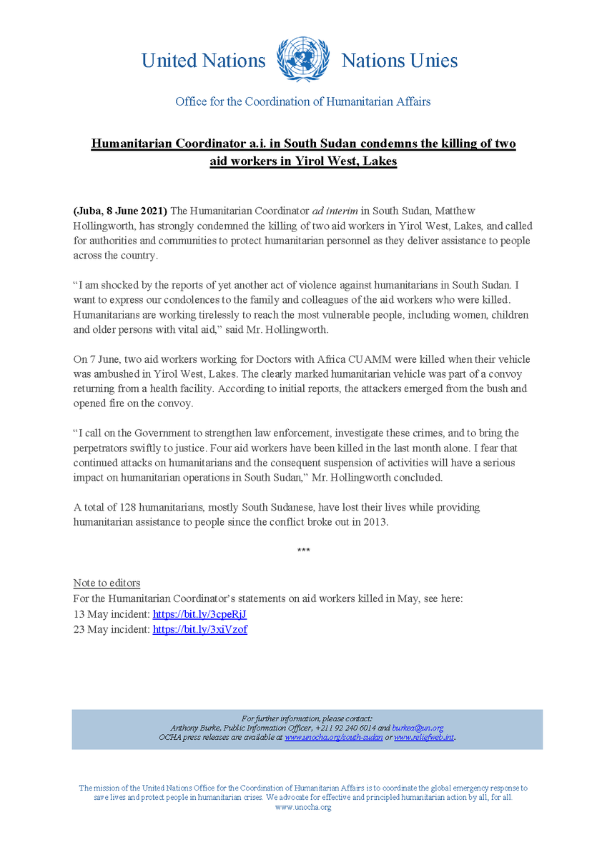 OCHASouthSudan's tweet photo. “I'm shocked by the reports of yet another act of violence against humanitarians in #SouthSudan. Four aid workers killed in the last month."

Humanitarian Coordinator a.i. @mfjhollingworth condemns the killing of two aid workers in Lakes

📄 https://t.co/qOosbuG3yN
#NotATarget https://t.co/tN2IM1SqSg