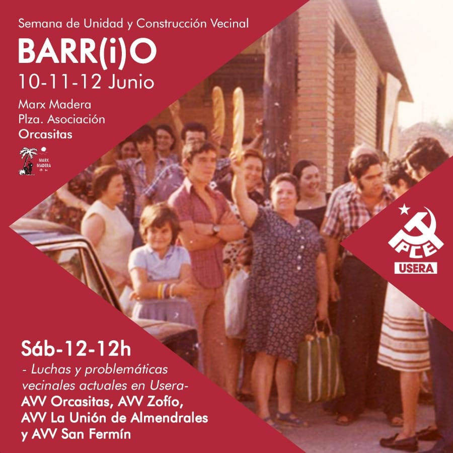 pceusera's tweet photo. 📍 Arrancan las Jornadas BARR(i)O de unidad y construcción vecinal
📅Los días jueves 10, viernes 11 y sábado 12 en el Marx Madera, Plaza de la Asociación (Orcasitas)
🌿JUEVES 10 a las 19h, ECOLOGISMO 
🟣VIERNES 11 a las 19h, FEMINISMO 
✊🏼 SÁBADO 12 a las 12h, MESA REDONDA VECINAL https://t.co/WtKgUdjma6