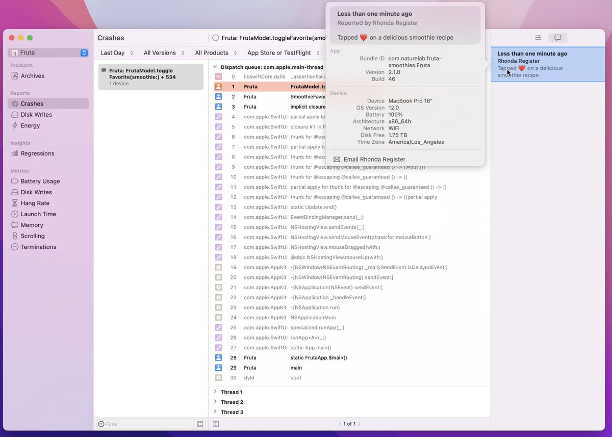 VKhambir's tweet image. В Xcode Cloud можно смотреть крашрепорты с фидбеком от пользователя, который он оставил после краша 💪

#WWDC21 #XcodeCloud #Xcode #iOSDev