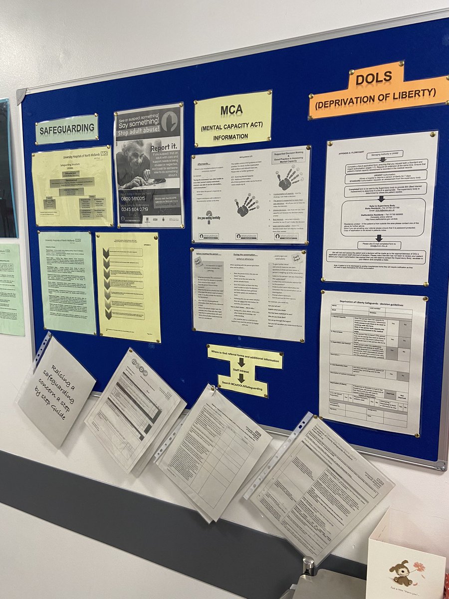One of our boards highlighting key information around MCA/DOLS and safeguarding! Most importantly there is now a step by step guide for staff to refer to when making a referral, this is attached to the board for easy access <a href="/UHNM_NHS/">UHNM NHS Trust 🏥</a> <a href="/RuthBradbury6/">Ruth Bradbury</a> #teamaec🙌
