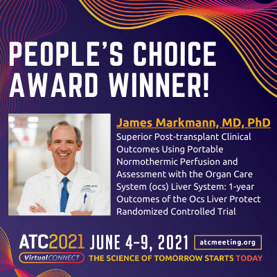 ATCMeeting's tweet photo. ATC would like to congratulate James Markmann, MD, PhD  – winner of this year's #PeoplesChoiceAward! His Plenary Abstract Presentation received high ratings and accolades as the MOST IMPACTFUL plenary at #ATC2021VirtualConnect. Please join us in congratulating, Dr. Markmann! https://t.co/74DlF4nPrV