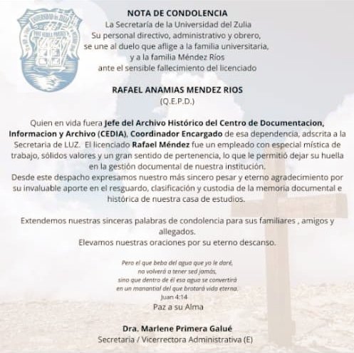 fpachano's tweet photo. Con tristeza informo el fallecimiento por COVID-19 de nuestro querido Rafael Mendez Ríos, Jefe de archivo de CEDIA LUZ, siempre atento, muy buen trabajador, con sólidos valores.
Paz a su alma y consuelo a su familia. https://t.co/m0aMd7czkZ