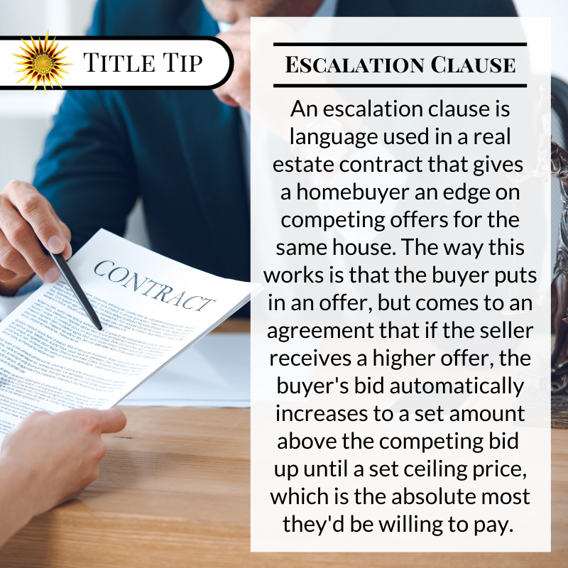 TitleJunction's tweet photo. An example of an #escalationclause might be written like this: buyer offers to pay $350,000 for the property, but if seller receives a bona fide offer that is higher, buyer will increase offer to $2000 above the amount of the other offer up until $370,000. #TitleTipTuesday https://t.co/Uyg7UvpuK5