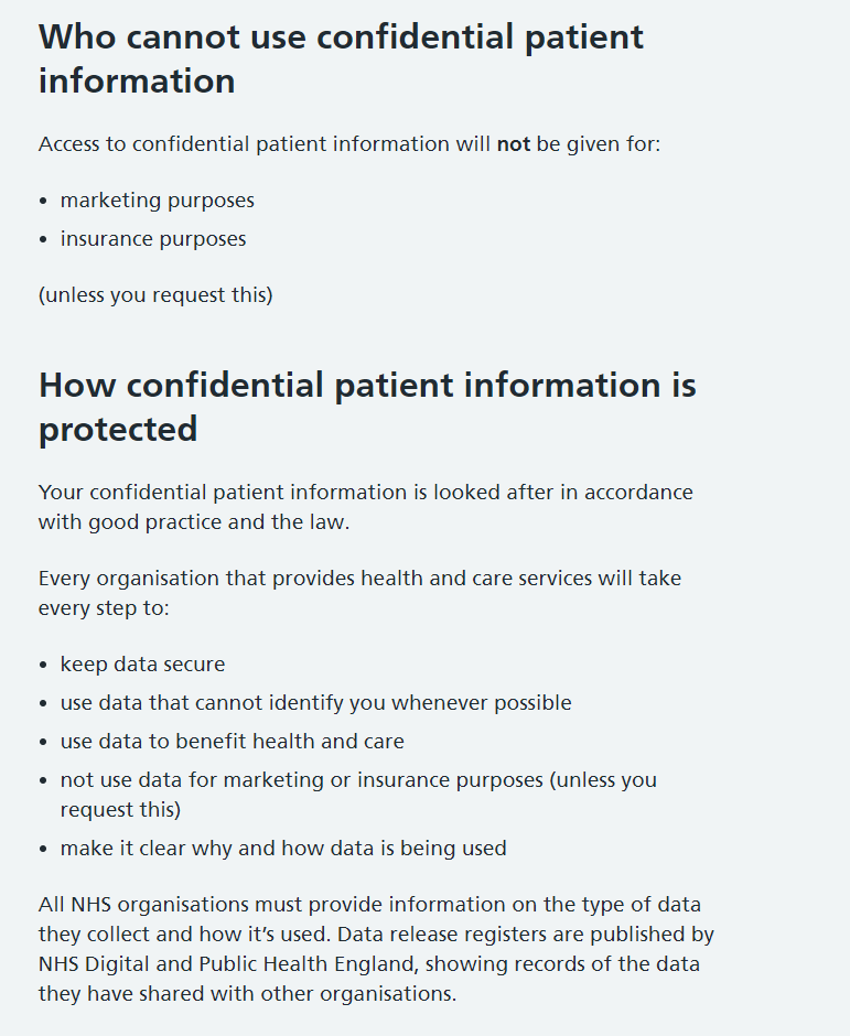 ESharpeSLT's tweet photo. @SusanMichie @keepnhspublic I've only just heard about this. I had a look on https://t.co/gNj0FTzb0J and it seems it can't be used for marketing/insurance? I'm not sure why identifiable information would be needed anyway, but aren't we protected from profit-making exploits? Do correct if I've misunderstood! https://t.co/ot6ikI3rC8