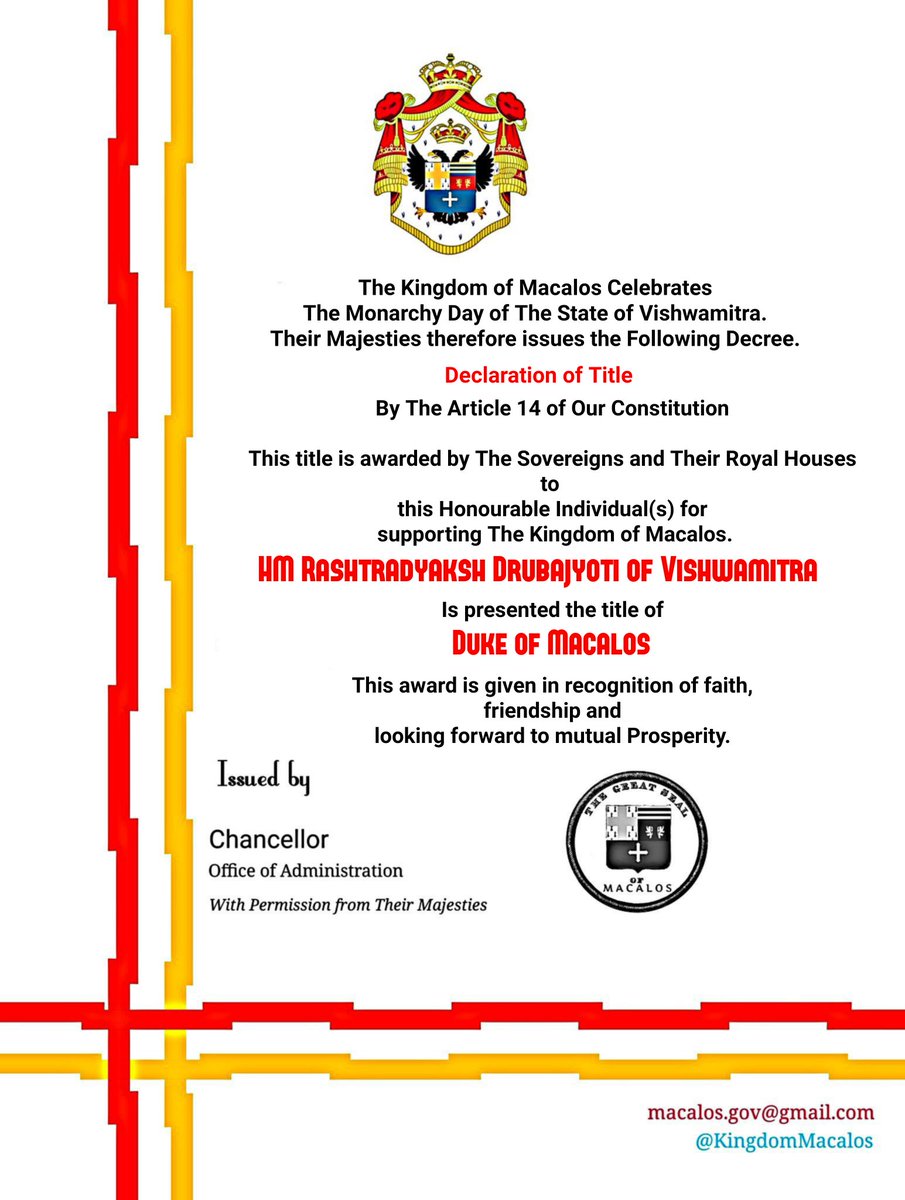 Macalos Celebrates The Monarchy Day with <a href="/vishwamitragov/">Government of Vishwamitra</a> 

May our Micronations Prosper together.