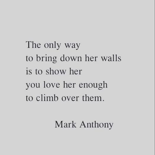 "The only way to bring down her walls is to show her you love her enough to climb over them."🥰💝Mark Anthony

#Wisdom #LifeLessons #InspirationalQuotes #MotivationalQuotes #MentalHealth #Love #Truth #Life #RelationshipAdvice #RelationshipGoals #CoupleGoals #Marriage #Mindfulness