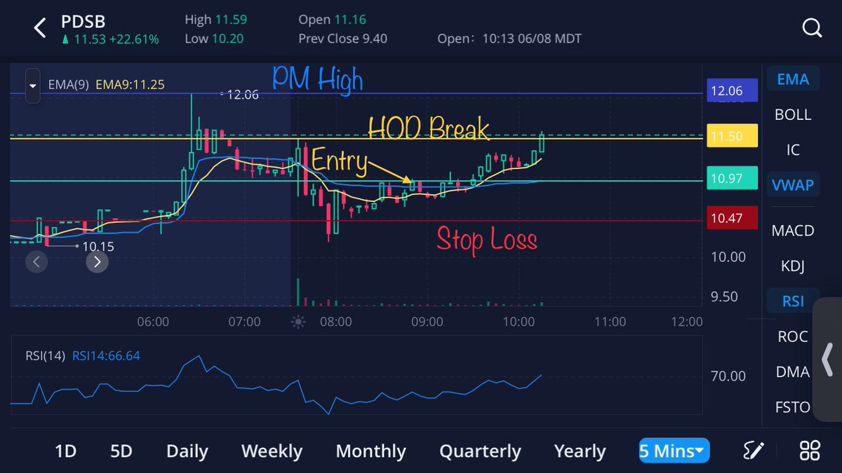 ValorReign's tweet photo. $PDSB Alright! Got the HOD/Half number break above the opening candle! If it can get above the pm high of $12.06, things could get exciting! 🚀💰🤑🤙 #DayTrading #ProfitabkeTrading #BreakoutTrading https://t.co/ItcBzeqAA3