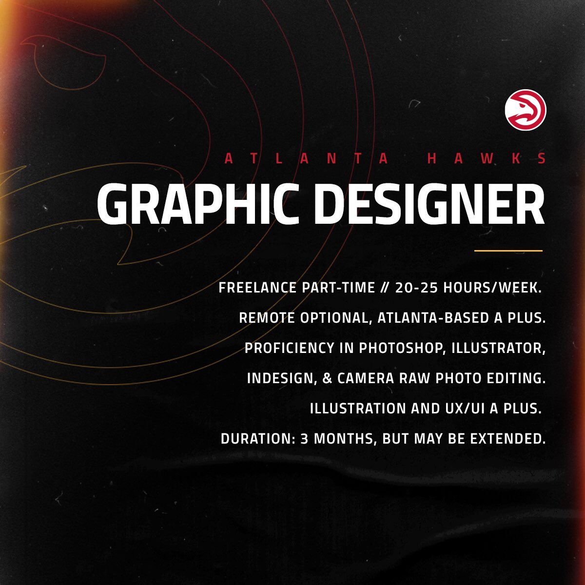 🚨🚨🚨ATTN SPORTS DESIGN TWITTER FAM

Come join our amazing team!  We’re looking for a flexible, reliable, generally-just-fun-to-be-around designer with great taste, awesome listening and application skills, grit, &amp; a hunger to learn. DM portfolios &amp; for more info📭 Go Hawks!!!