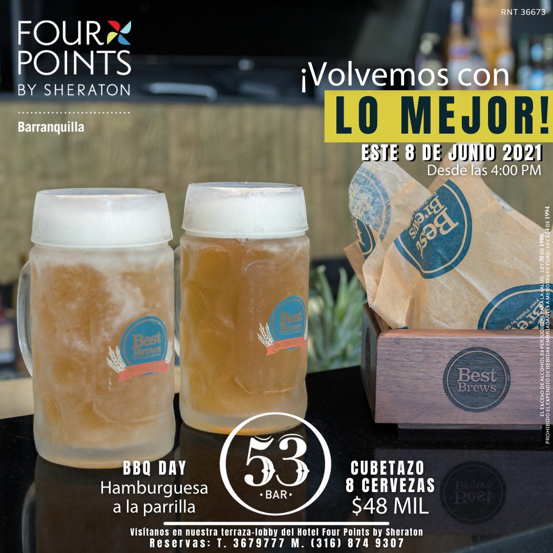 fourpointsbaq's tweet photo. ¡Hoy reabrimos nuestras puertas en el Bar 53! 👏🍻 Desde las 4:00 pm, ¡Ven y disfruta de nuestro burger day y nuestro tradicional #Cubetazo ! ¡Te esperamos! 

☎️ Información y reservas:
Tel: (5) 3679777 - WhatsApp: +57 3168749307 https://t.co/VqpaGGOb5n