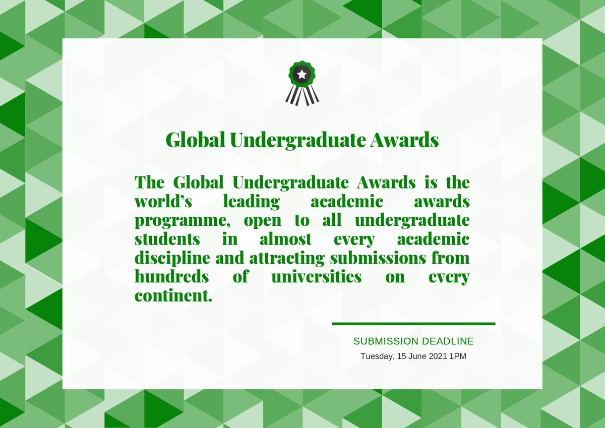 Dear All,
Weeks ago an email was send regarding the Global Undergraduate Awards 2021.
You have until the 15 of June 2021, 1p.m IST to submit your details at undergraduateawards.com
There are already 4148 submissions from 380 institutions of 50 countries
#uccsocieties #criminology