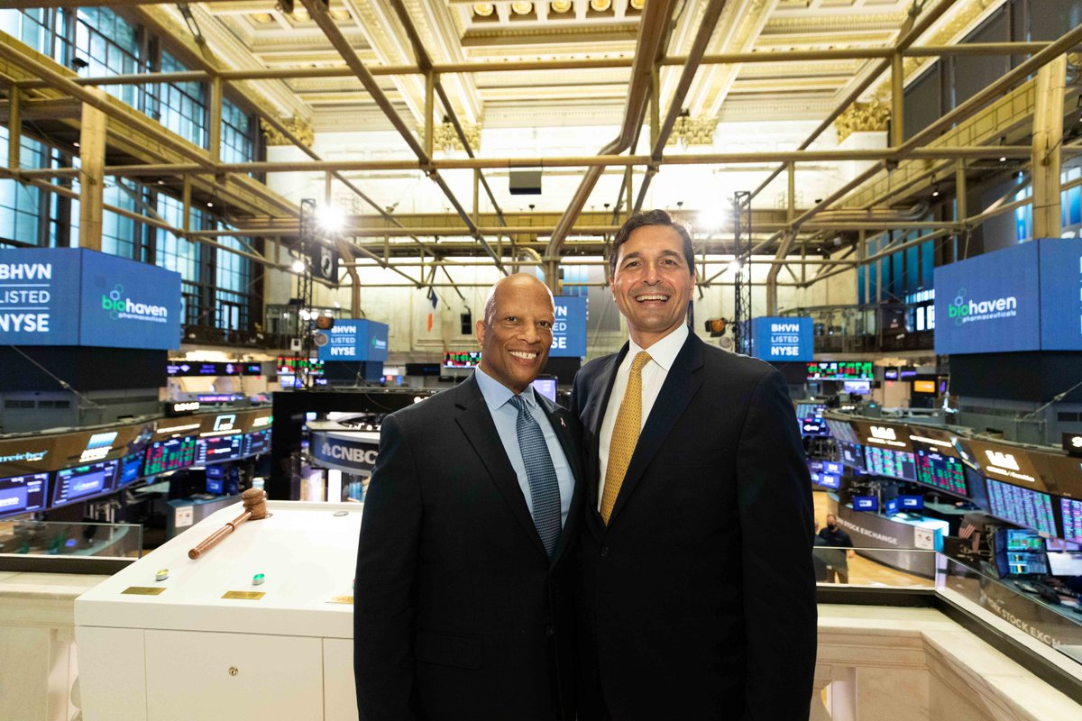 biohaven's tweet photo. To celebrate the expanded indication of our #migraine treatment, BJ Jones and the Biohaven executive team rang the @NYSE opening bell. #NYSECommunity $BHVN https://t.co/Zz6sNaFM2y