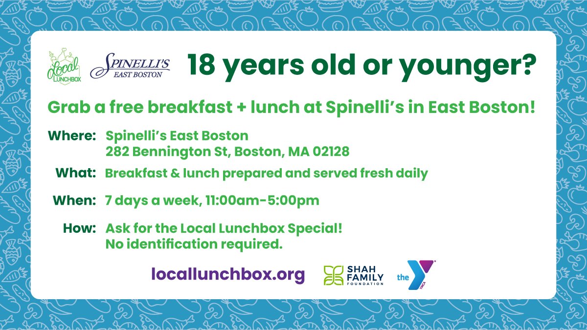 Are you 18 or under living in #EastBoston? Pick up free breakfast &amp; lunch every day ALL summer at Spinelli's beginning June 9 thanks to <a href="/YMCA_Boston/">YMCA Greater Boston</a> <a href="/Shah_Foundation/">Shah Foundation</a>! Just ask for the "Local Lunch Box" 😄 locallunchbox.org
