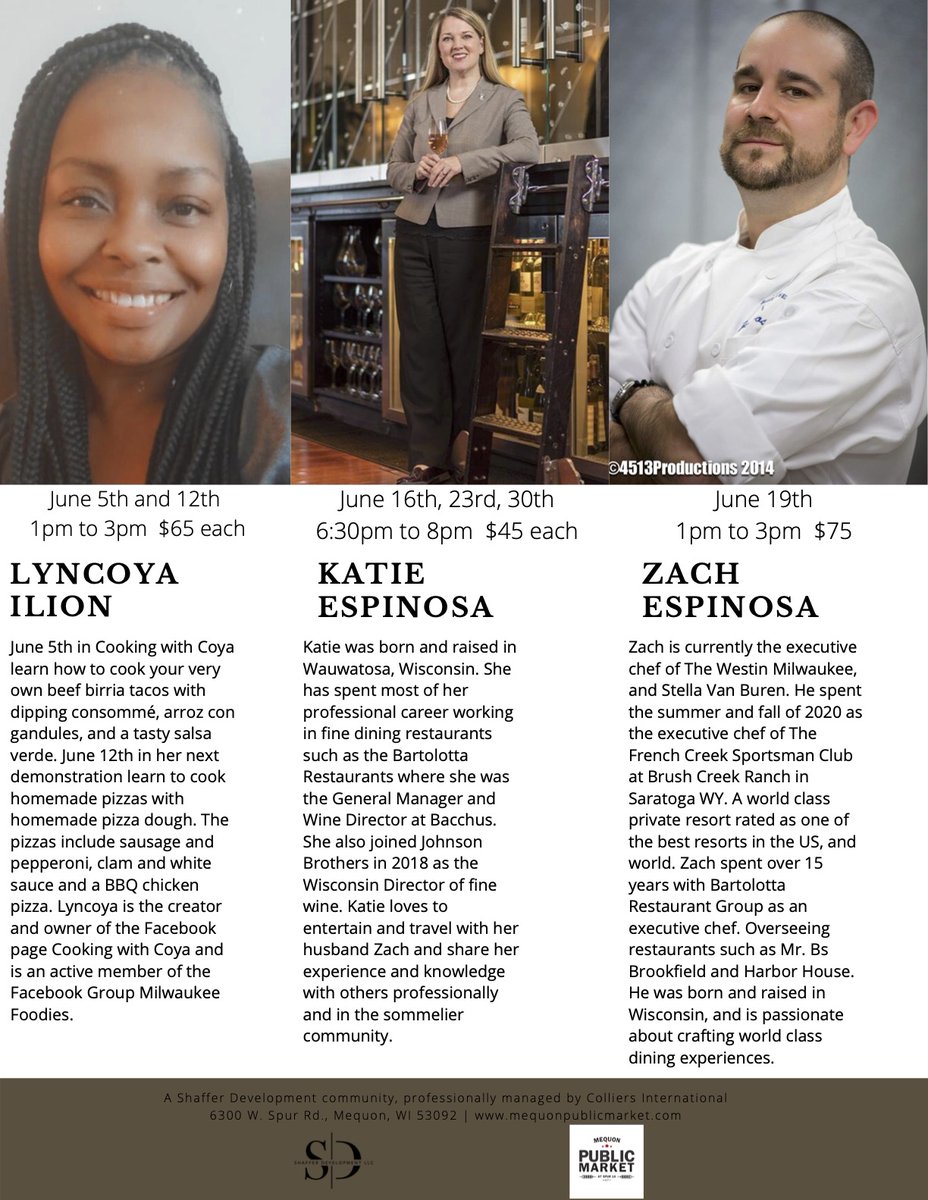 Here is the June 2021 Mequon Public Market Newsletter listing all of our upcoming events. On the second page is some special features of our Chefs, Zach Espinosa and Lyncoya Ilion, and Advanced Sommelier Katie Espinosa.