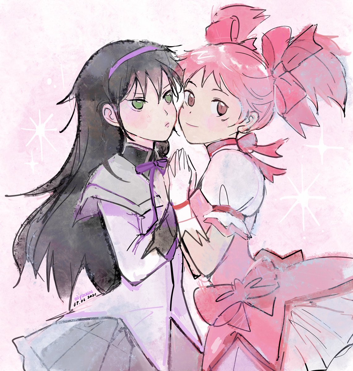 暁美ほむら ,鹿目まどか 「madoka redraw but make it itafushi 🎀🐺 」|aiyaのイラスト