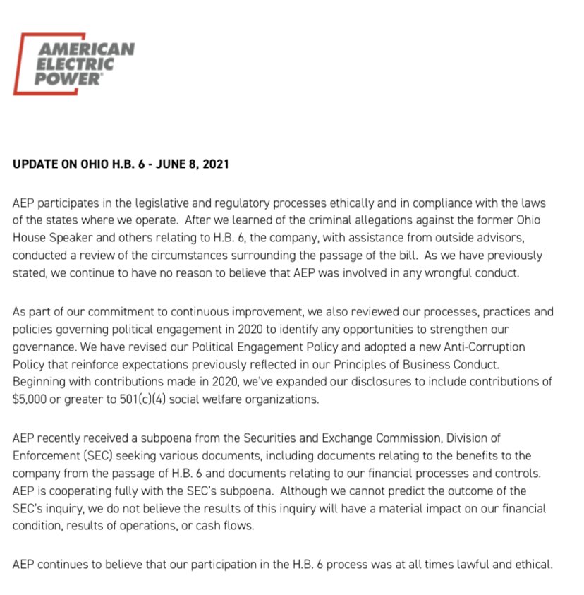 cleantechfacts's tweet photo. Breaking news: American Electric Power has been subpoenaed by the SEC in connection with the #HB6 corruption case in Ohio https://t.co/0JgcvtnM48 https://t.co/vnMaRfSS3H