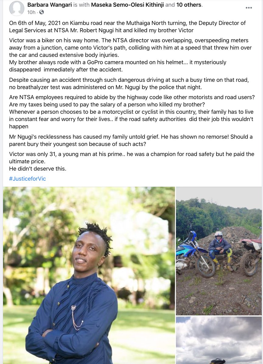 bonifacemwangi's tweet image. Aug. 2015: Drunk driver Ng'ang'a killed Mercy Njeri. ACQUITTED
Feb. 2016: Drunk driver Joel Kibe killed Charles Wachira. ACQUITTED
March 2017: Charles Njagua killed Mugo Mwangi and Joseph Mwangi. FINED 40K
May 2021: Robert Ngugi hit and killed Victor.
Will we get #JusticeforVic?