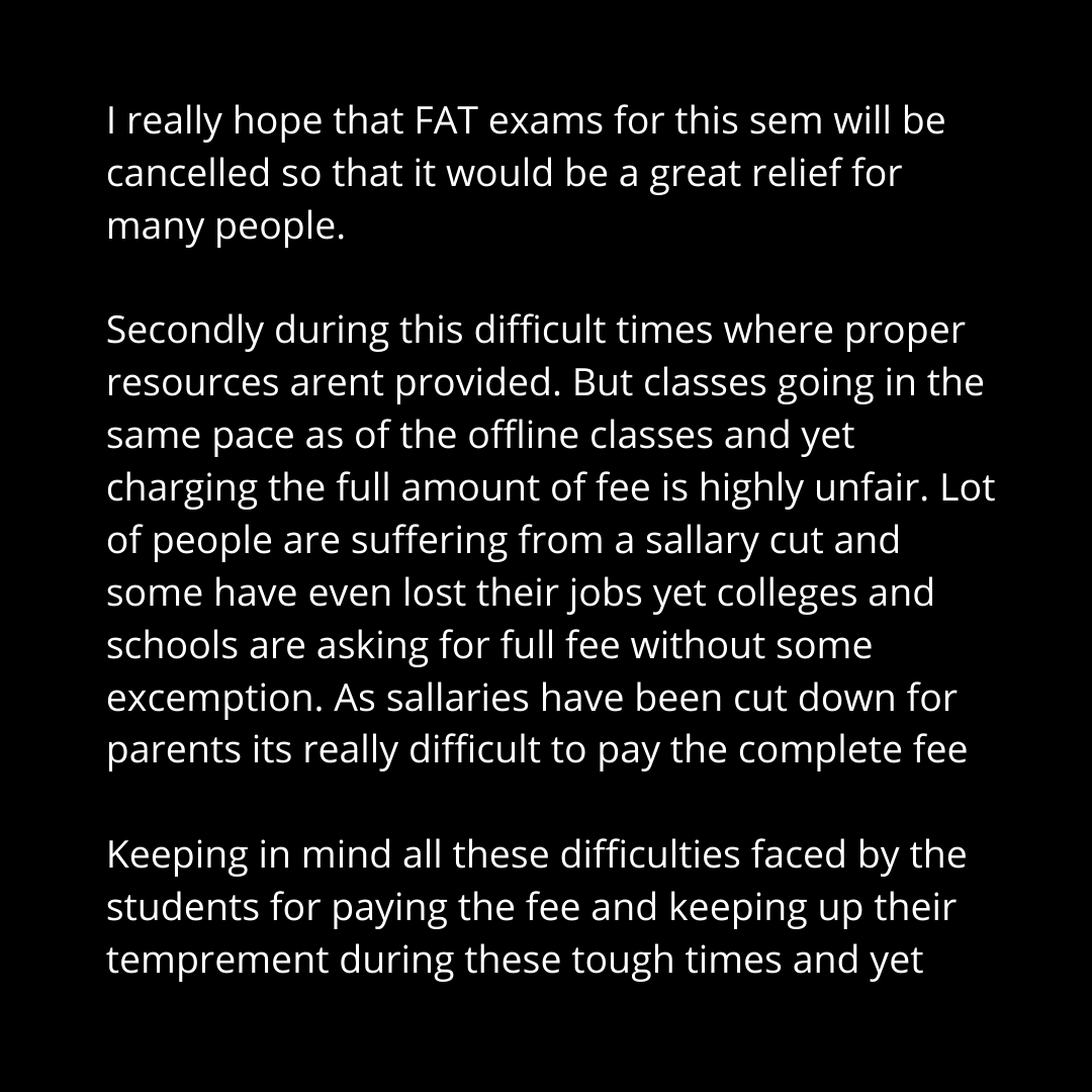 Pranesh_210's tweet photo. Hope VIT management understands and listens to their students' problems and demands atleast during these hard times and does the needful! our main demands are to
1) Cancel the FAT examinations.
2) Reduce the fee as the classes are being held online.
#enoughvit #enoughVIT https://t.co/In5l7mivTL