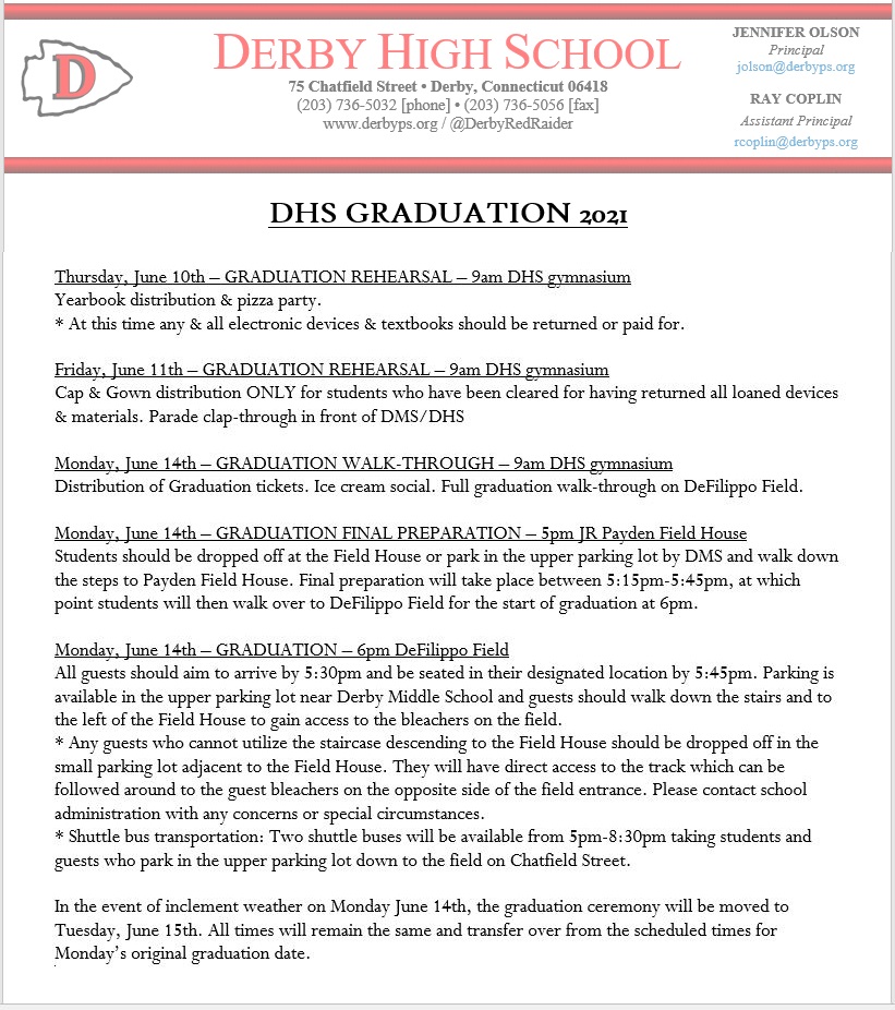 RedRaiderCT's tweet photo. 👁️👁️ DHS GRADUATION INFO 👀

Information on rehearsals, guest tickets, special celebrations, &amp; more. All Seniors should be familiar with the schedule of these important dates &amp; times.
@DerbyRedRaider https://t.co/btz8voWWc4