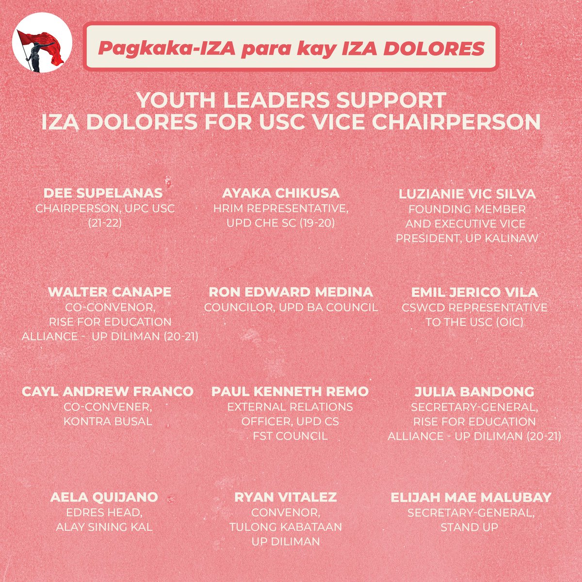 izadolores_'s tweet photo. #PagkakaIZAParaKayIzaDolores: Youth Leaders Support Iza Dolores for USC Vice Chairperson
Maraming salamat sa inyong suporta! ❤️
#DefendUP
#DefendAcademicFreedom
#FightForOurRights
#IZAngLaban #IZAngSagot
#StandUpTogether https://t.co/jl7kcy3Z9j