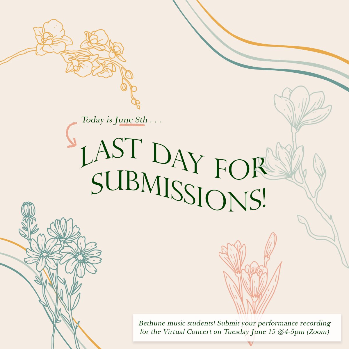 Last day to submit potential performances for the Spring Concert. Please visit your music google classroom for more information.