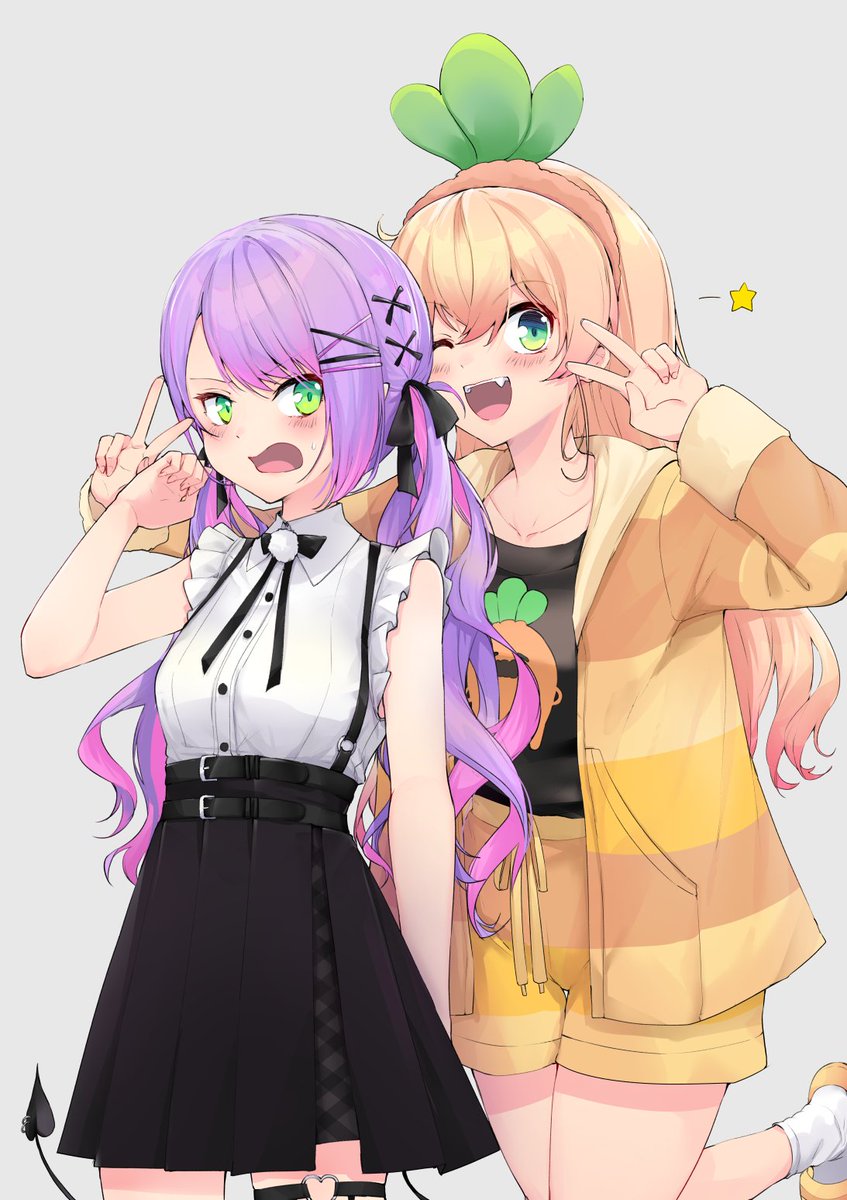 tokoyami towa multiple girls 2girls green eyes v one eye closed purple hair skirt  illustration images