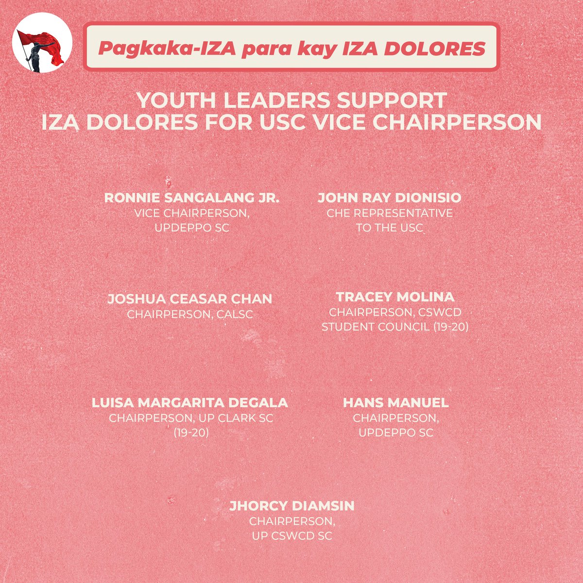 izadolores_'s tweet photo. #PagkakaIZAParaKayIzaDolores: Youth Leaders Support Iza Dolores for USC Vice Chairperson
Maraming salamat sa inyong suporta! Red heart
#DefendUP
#DefendAcademicFreedom
#FightForOurRights
#IZAngLaban #IZAngSagot
#StandUpTogether https://t.co/iFIMalnuFO