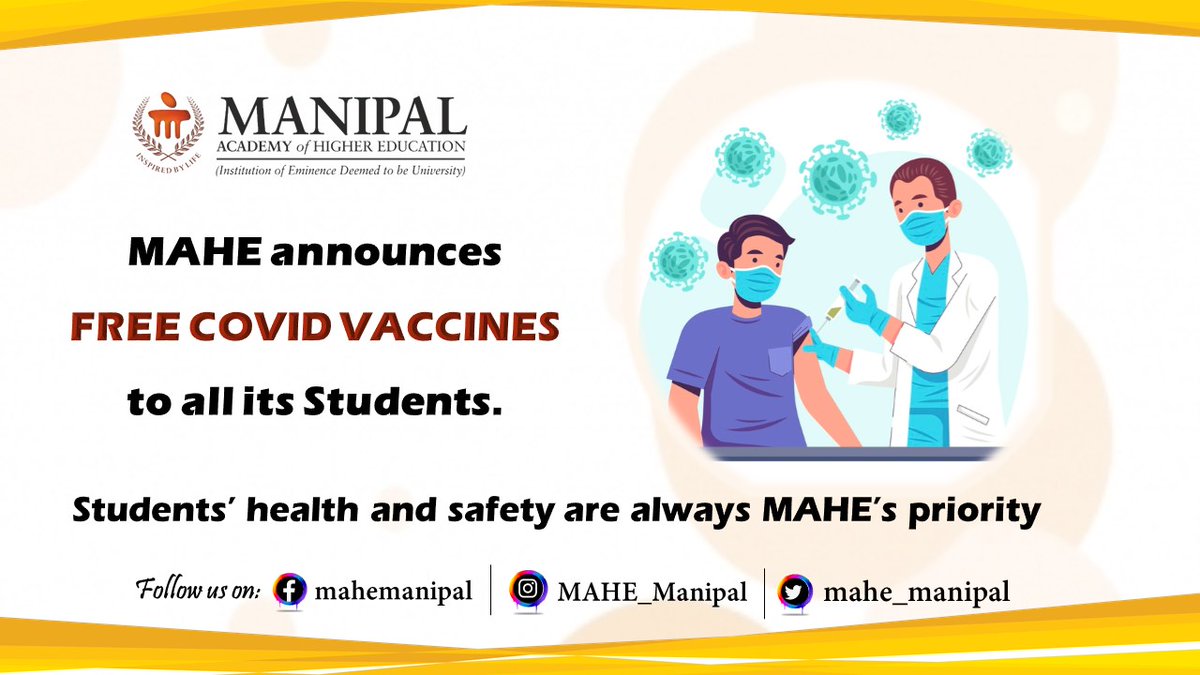 MIT_MANIPAL's tweet photo. MAHE will organize a free vaccination drive for all the students across its institutions. Students are requested to contact their respective institutions to get their vaccinations.  MAHE has already started vaccinating students who are present on campus in the hostels.  
#MAHE https://t.co/1uLq4iXUvu