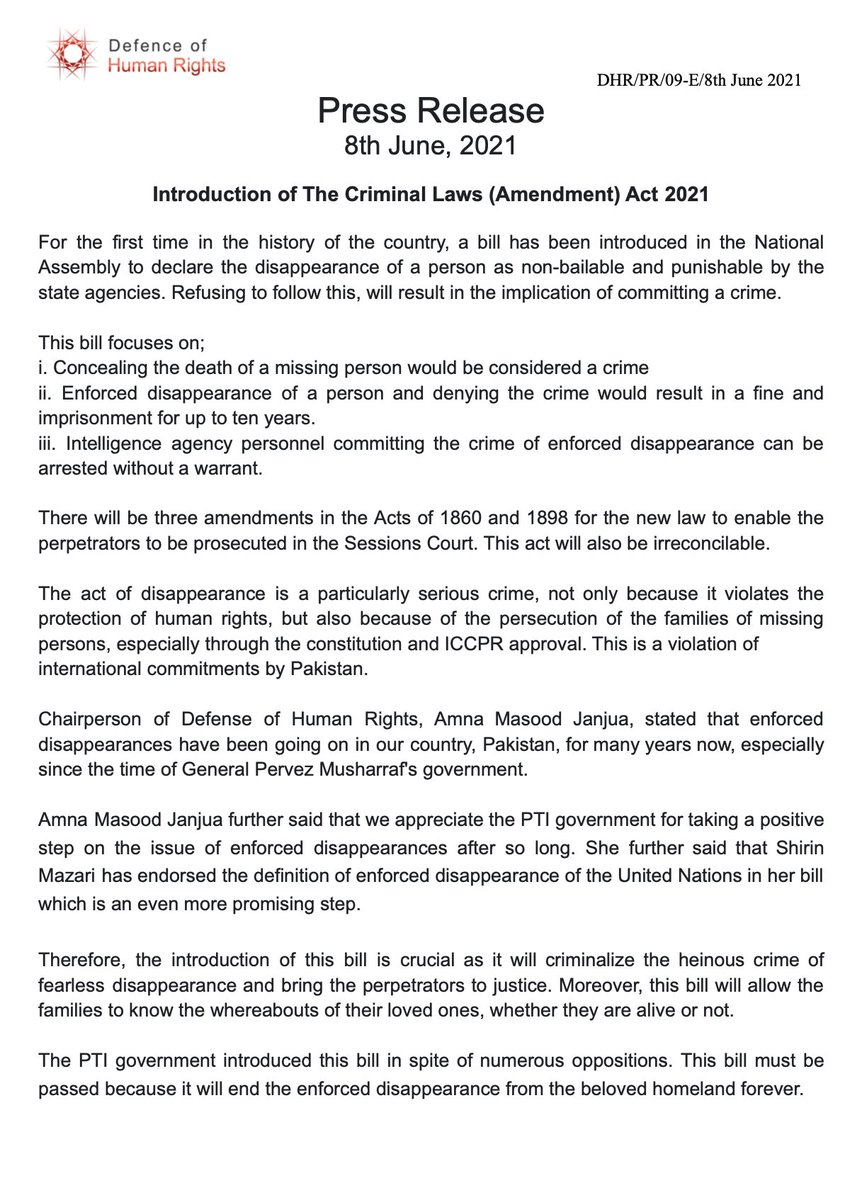 dohrpk's tweet photo. Press Release
8th June, 2021
@AminaMJanjua @AFAD_Updates @ShireenMazari1 @ArifAlvi @PTIofficial @ImranKhanPTI @amnestysasia @UN @UNHumanRights https://t.co/WIRCJTNdzf