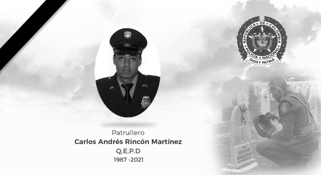 Diego_Molano's tweet photo. Inconcebible que en un punto de bloqueo haya sido cometido este atroz crimen. Fue hallado muerto el patrullero Carlos Andrés Rincón, atacado el 3 de junio por delincuentes en el sector Paso del Comercio, Cali. Colombia pierde otro servidor de la patria. Solidaridad con su familia https://t.co/g3XUncoRWf