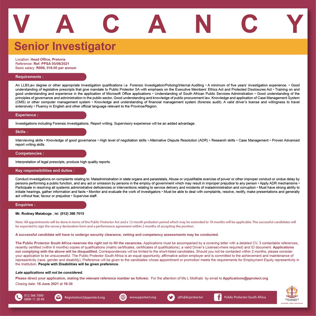 PublicProtector's tweet image. VACANCIES: Senior Investigator and Assistant Manager: Financial Reporting

Both posts based at Head Office in Pretoria

Closing Date: 18 June 2021

More details here: 
pprotect.org/sites/default/…