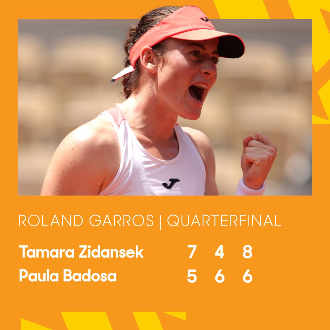 Tamara Zidansek of Slovenia celebrates in their ladies singles quarter final against Paula Badosa of Spain during day ten of the 2021 French Open at Roland Garros on June 08, 2021 in Paris, France. 