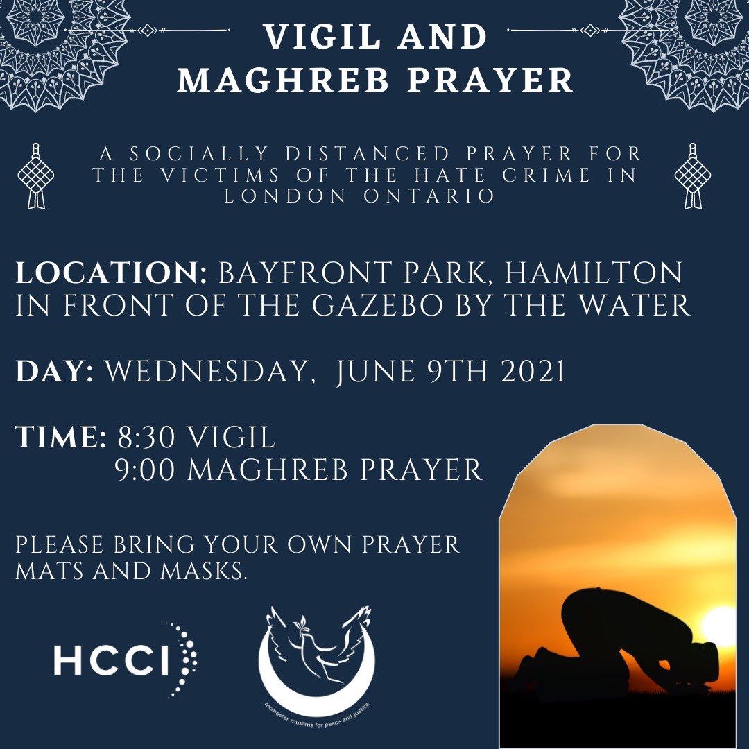 HCCI1's tweet photo. Muslim youth have organized a vigil and community prayer for 8:30 PM Wednesday night. Bring your own masks and prayer mats if you have one.

Allies are welcomed and encouraged to come to help keep it safe.

#HamOnt #onpoli #cndpoli #londonOnt @MacMPJ https://t.co/b0dKJ5Ifjg