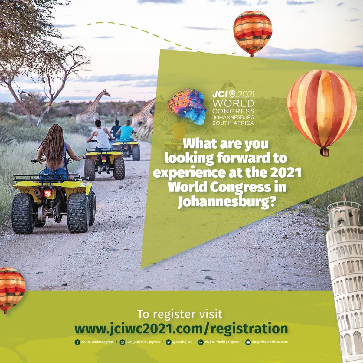 2021JCI_WC's tweet photo. What are you looking forward to experience at the 2021 World Congress in Johannesburg?
Share, tag and comment to win a limited edition of World Congress branded merchandise.
Winners will be announced.
#IgniteCompassion #UniteHumanity #2021JCIWorldCongress
#JCISouthAfrica https://t.co/lxFoxKwiZq